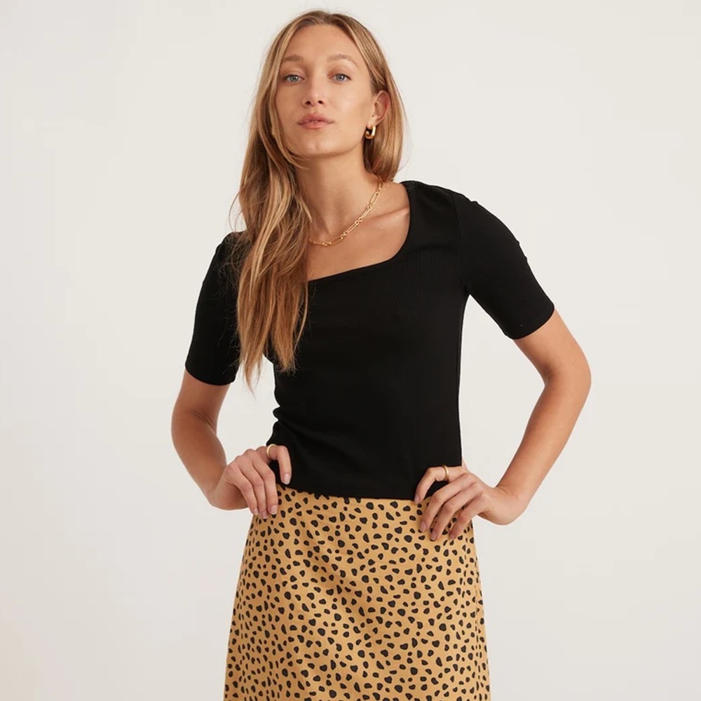 Marine Layer Black Lexi Ribbed Square-Neck Short Sleeve Top